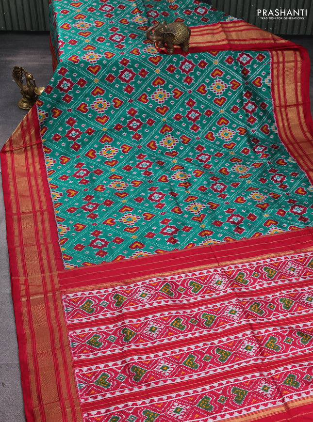 Pochampally silk saree teal green and maroon with allover ikat weaves and zari woven border