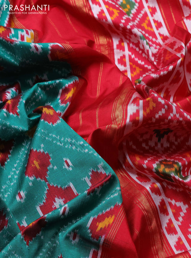 Pochampally silk saree teal green and maroon with allover ikat weaves and zari woven border