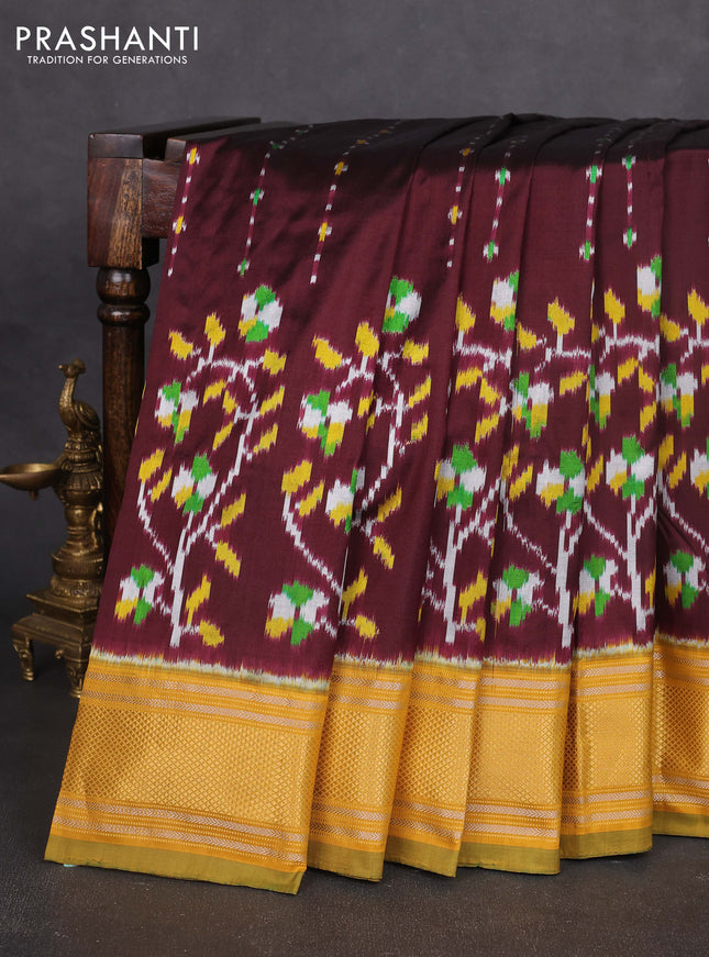 Pochampally silk saree coffee brown and mustard yellow with allover ikat weaves and zari woven border