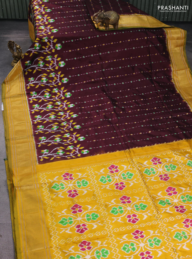 Pochampally silk saree coffee brown and mustard yellow with allover ikat weaves and zari woven border