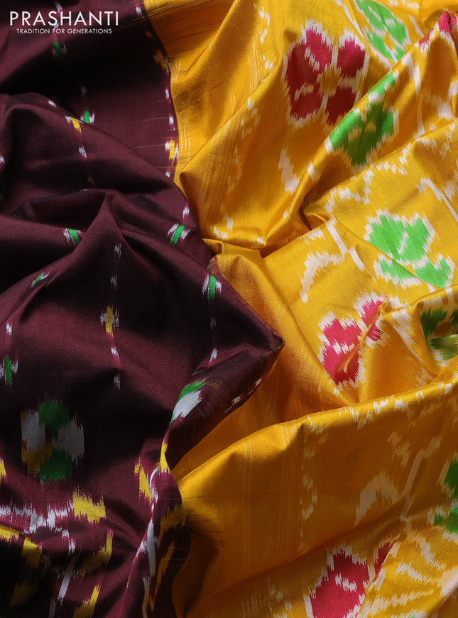 Pochampally silk saree coffee brown and mustard yellow with allover ikat weaves and zari woven border