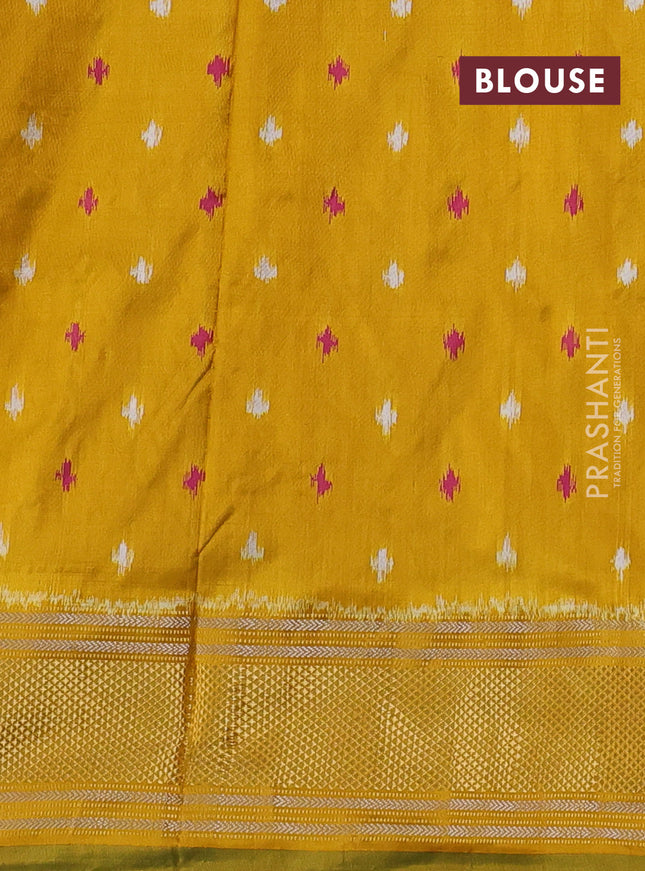 Pochampally silk saree coffee brown and mustard yellow with allover ikat weaves and zari woven border