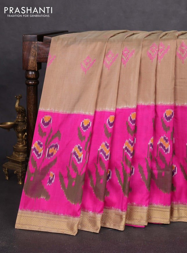 Pochampally silk saree sandal and pink with allover ikat butta weaves and long ikat woven zari border