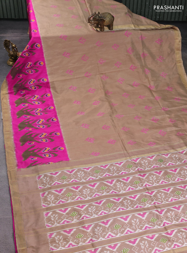 Pochampally silk saree sandal and pink with allover ikat butta weaves and long ikat woven zari border