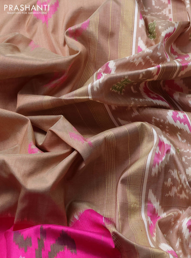 Pochampally silk saree sandal and pink with allover ikat butta weaves and long ikat woven zari border
