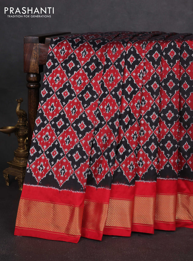 Pochampally silk saree black and kumkum red with allover ikat weaves and zari woven border