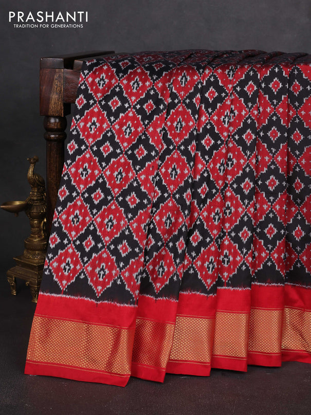 Pochampally silk saree black and kumkum red with allover ikat weaves and zari woven border