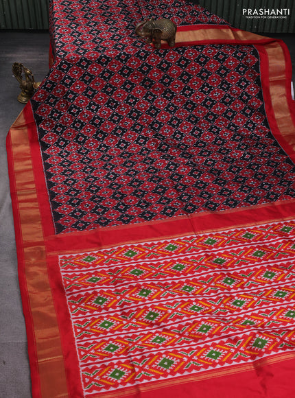 Pochampally silk saree black and kumkum red with allover ikat weaves and zari woven border