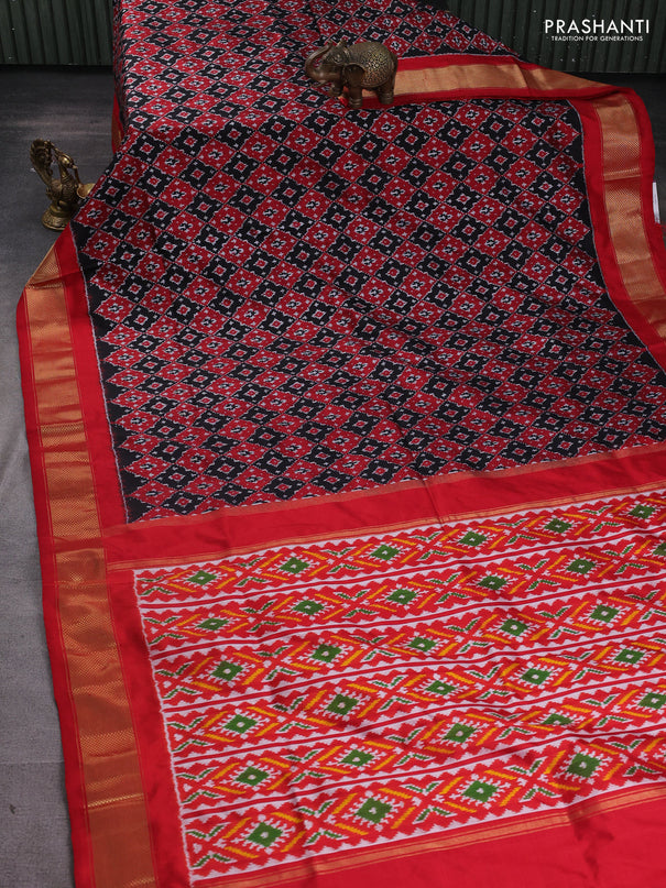 Pochampally silk saree black and kumkum red with allover ikat weaves and zari woven border