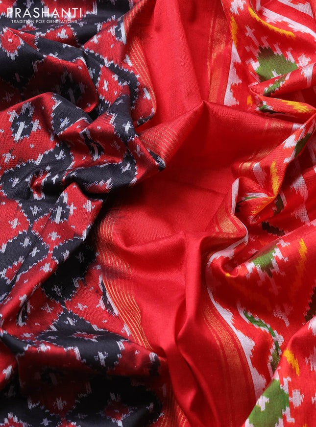 Pochampally silk saree black and kumkum red with allover ikat weaves and zari woven border