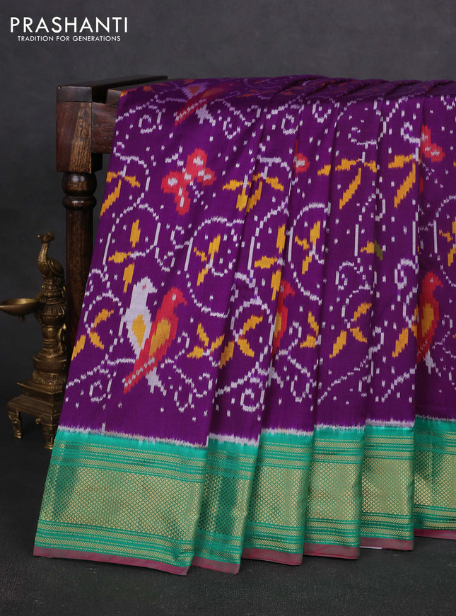 Pochampally silk saree purple and teal green with allover ikat weaves and zari woven border