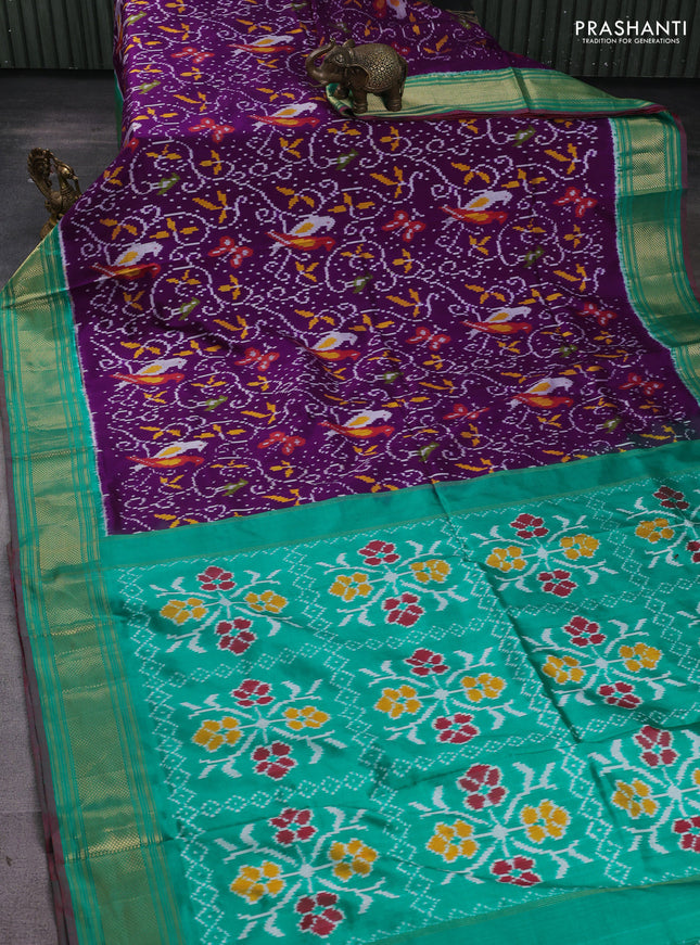 Pochampally silk saree purple and teal green with allover ikat weaves and zari woven border