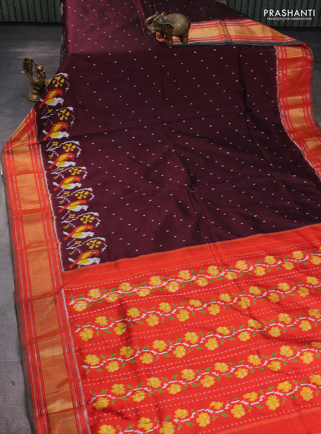 Pochampally silk saree deep maroon and orange with allover ikat butta weaves and zari woven border