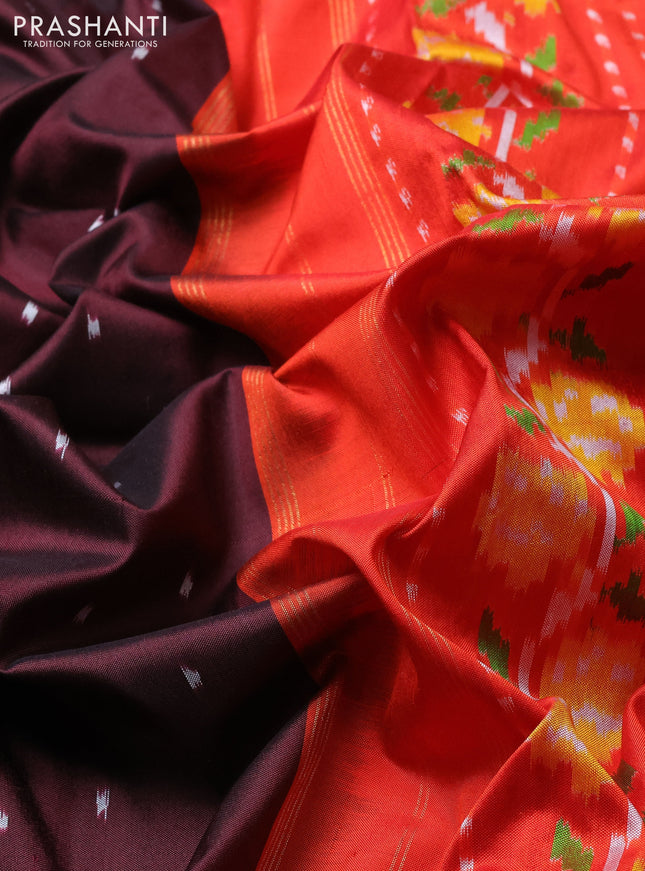 Pochampally silk saree deep maroon and orange with allover ikat butta weaves and zari woven border
