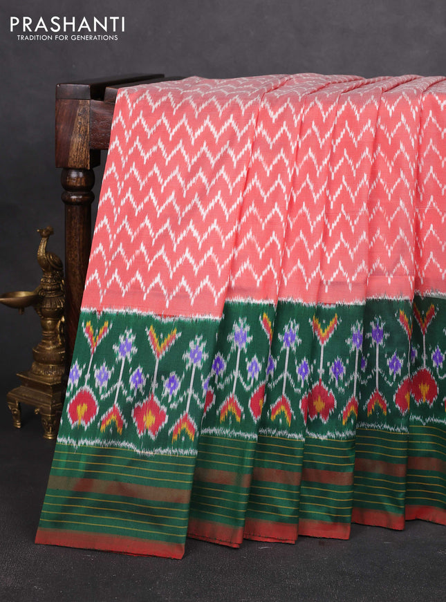 Pochampally silk saree red shade and green with allover zig zag weaves and long ikat woven border