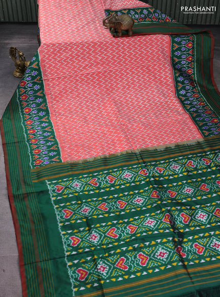 Pochampally silk saree red shade and green with allover zig zag weaves and long ikat woven border