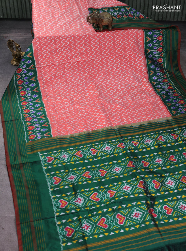 Pochampally silk saree red shade and green with allover zig zag weaves and long ikat woven border