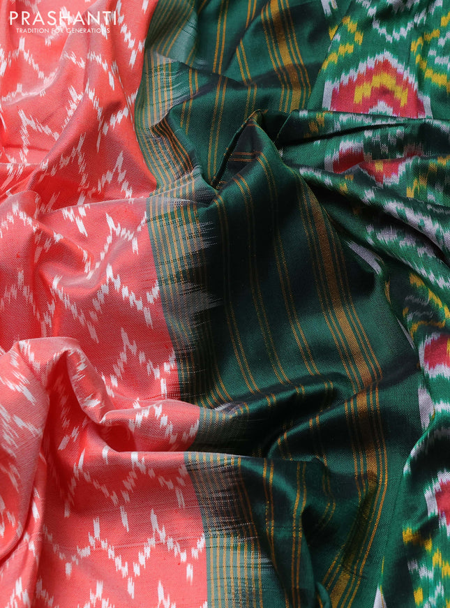 Pochampally silk saree red shade and green with allover zig zag weaves and long ikat woven border