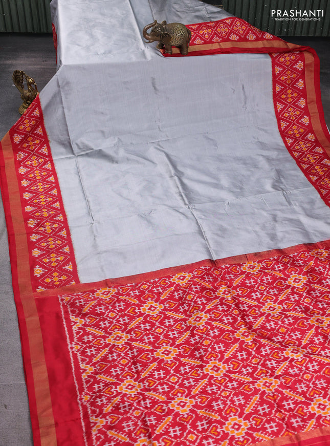Pochampally silk saree grey and red with plain body and long ikat woven zari border