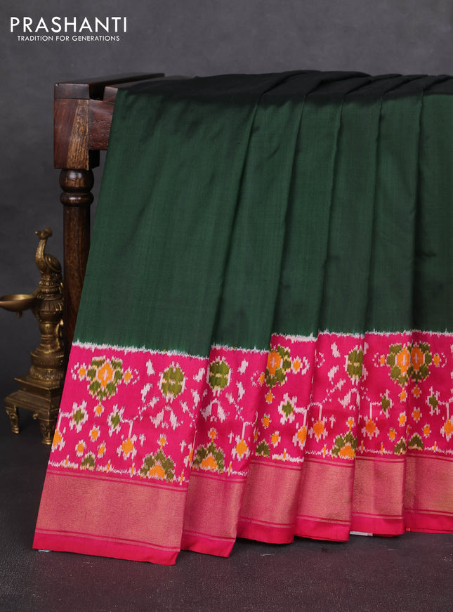 Pochampally silk saree bottle green and pink with plain body and long ikat woven zari border