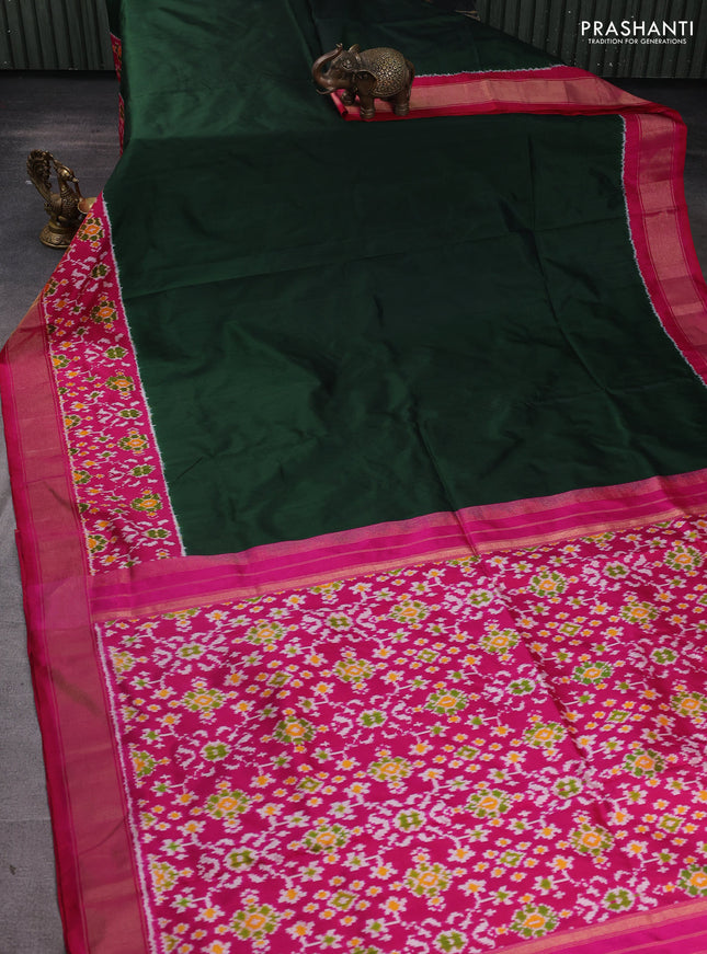 Pochampally silk saree bottle green and pink with plain body and long ikat woven zari border