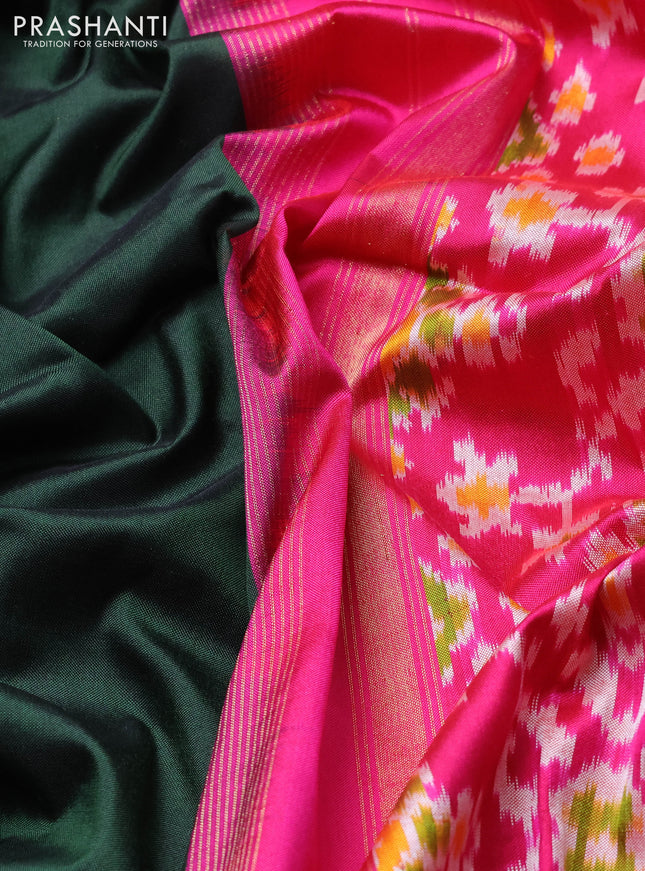 Pochampally silk saree bottle green and pink with plain body and long ikat woven zari border