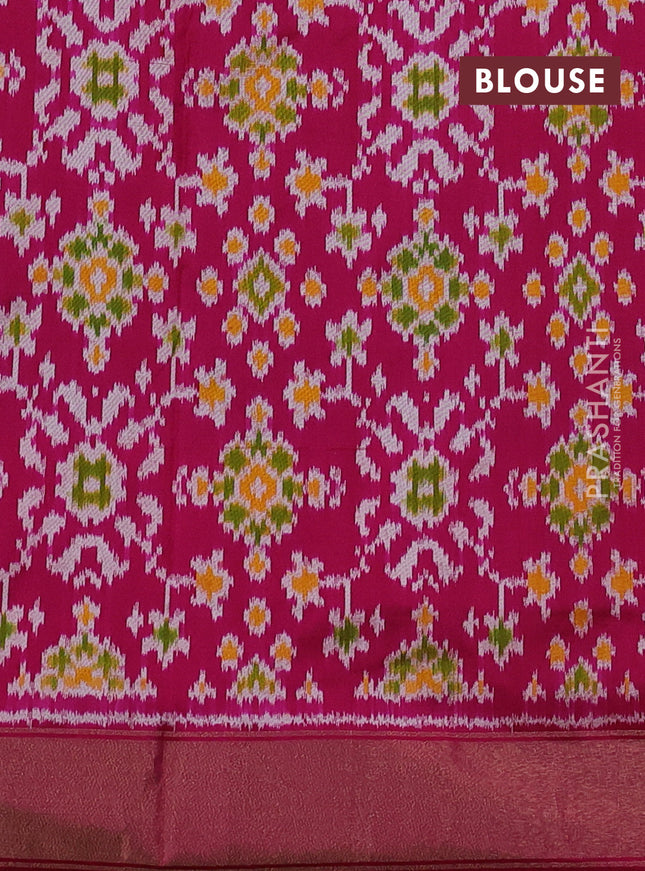 Pochampally silk saree bottle green and pink with plain body and long ikat woven zari border