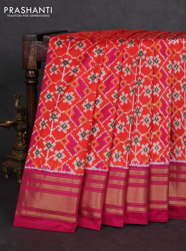 Pochampally silk saree orange and magenta pink with allover ikat weaves and zari woven border