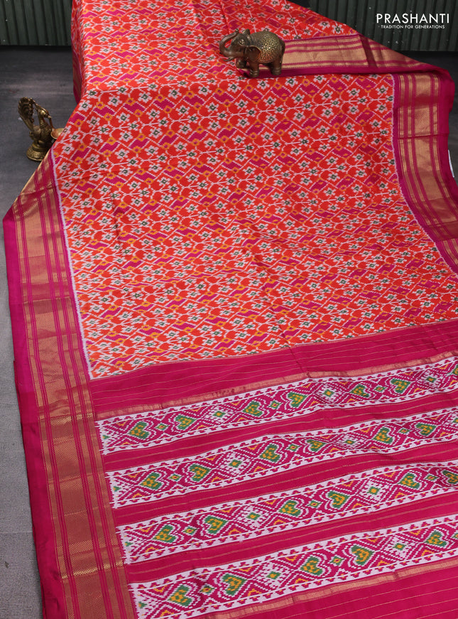 Pochampally silk saree orange and magenta pink with allover ikat weaves and zari woven border