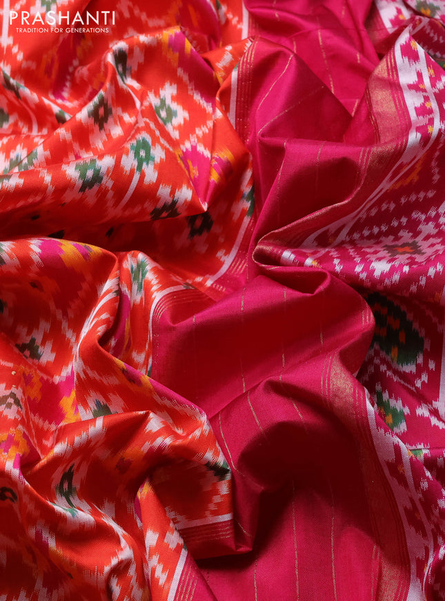 Pochampally silk saree orange and magenta pink with allover ikat weaves and zari woven border