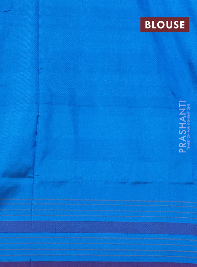 Pochampally silk saree rustic orange and cs blue with allover ikat butta weaves and long ikat woven simple border