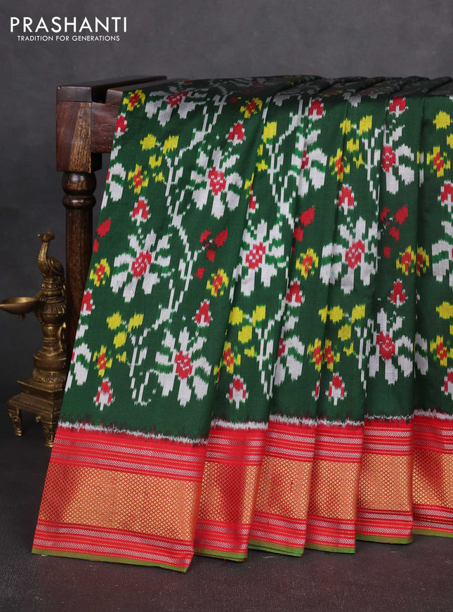 Pochampally silk saree green and red with allover ikat weaves and zari woven border