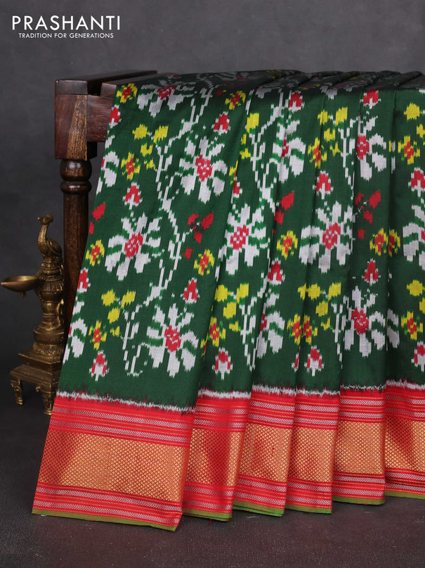 Pochampally silk saree green and red with allover ikat weaves and zari woven border