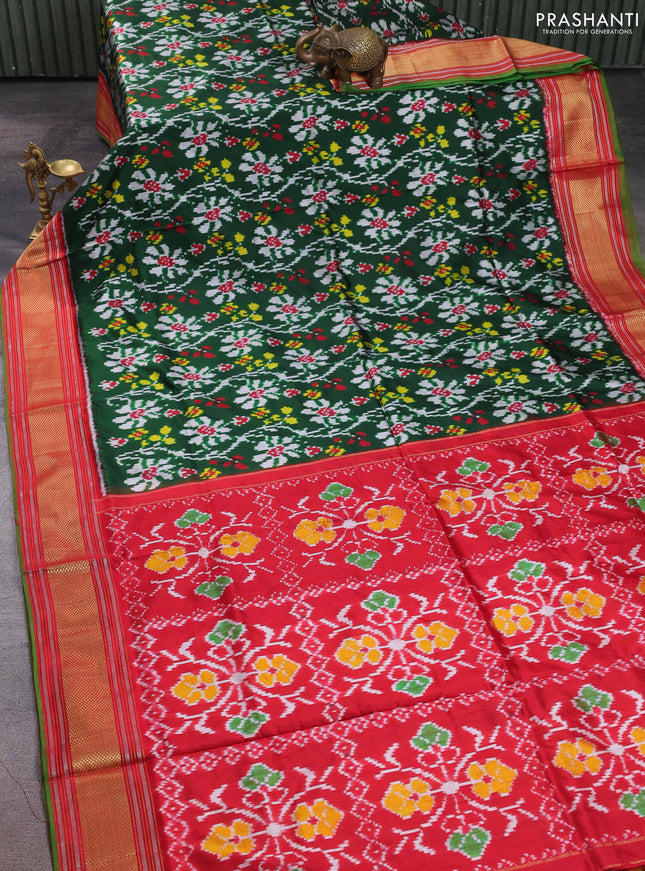 Pochampally silk saree green and red with allover ikat weaves and zari woven border