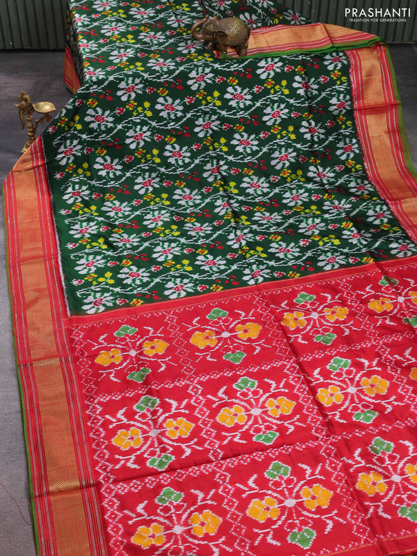 Pochampally silk saree green and red with allover ikat weaves and zari woven border
