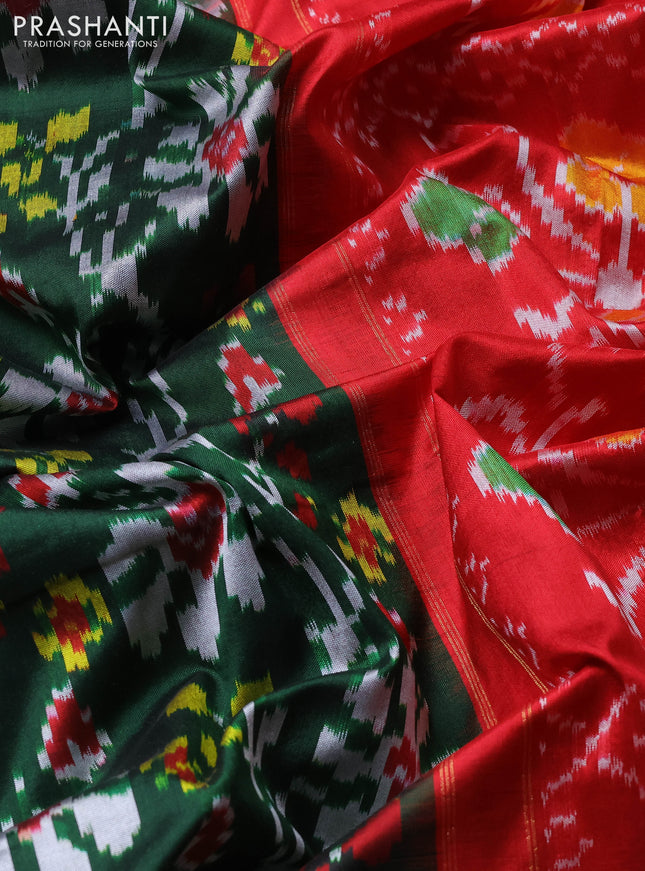 Pochampally silk saree green and red with allover ikat weaves and zari woven border