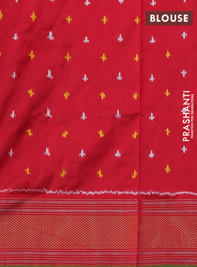 Pochampally silk saree green and red with allover ikat weaves and zari woven border