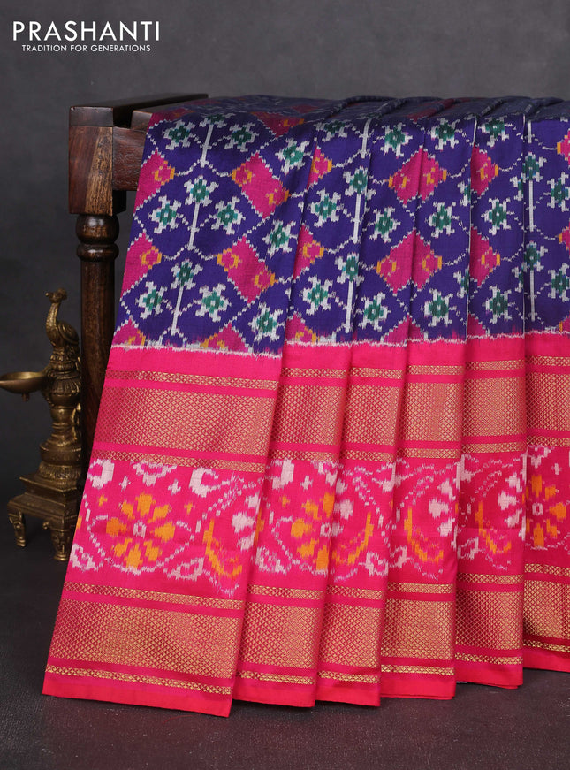 Pochampally silk saree blue and pink with allover ikat weaves and long zari woven ikat border