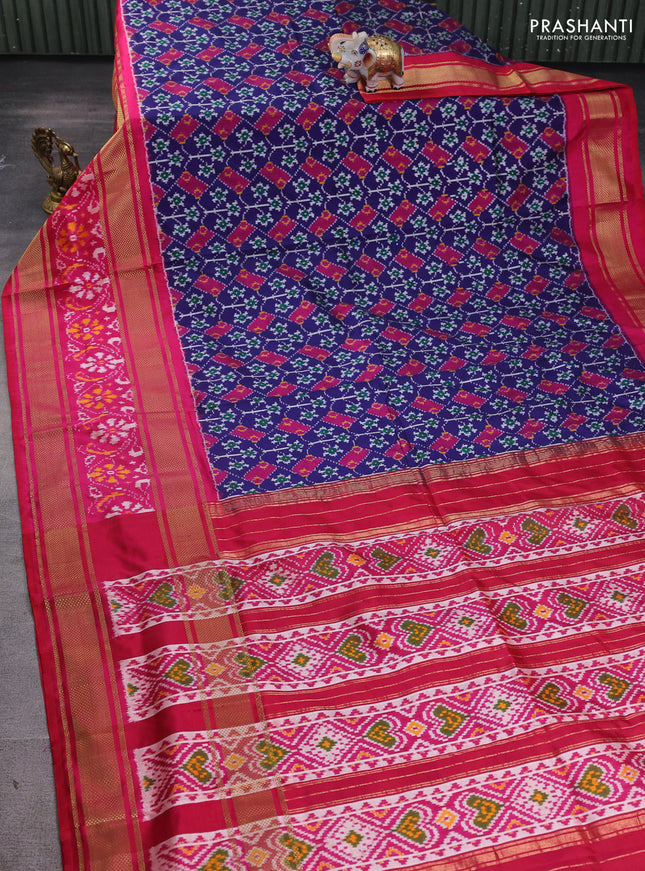 Pochampally silk saree blue and pink with allover ikat weaves and long zari woven ikat border