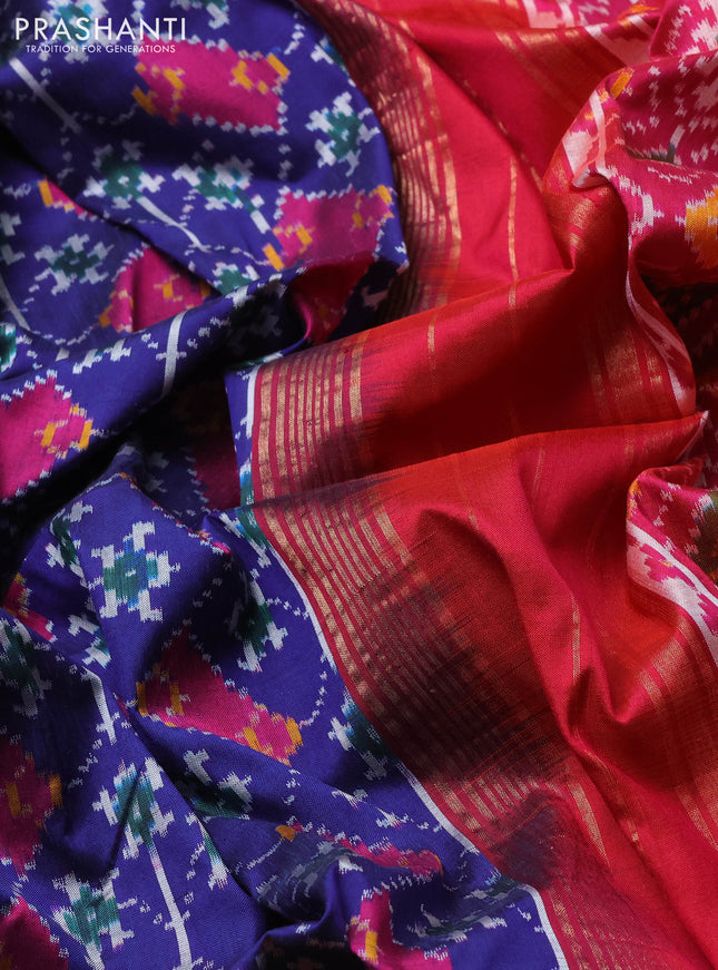 Pochampally silk saree blue and pink with allover ikat weaves and long zari woven ikat border