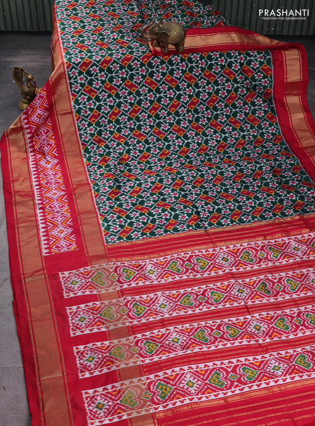 Pochampally silk saree dark green and maroon with allover ikat weaves and long ikat woven zari border