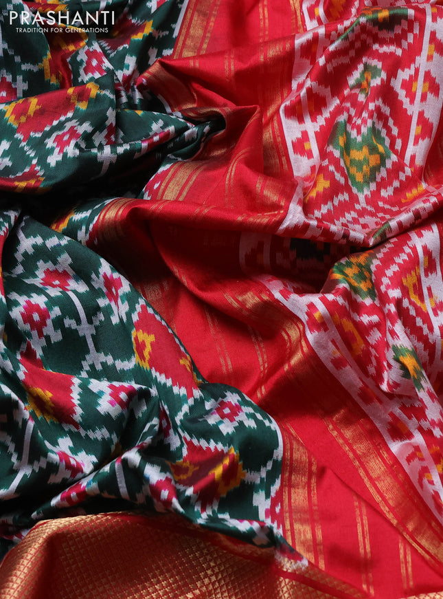 Pochampally silk saree dark green and maroon with allover ikat weaves and long ikat woven zari border