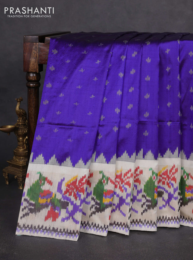 Pochampally silk saree blue and off white with allover ikat butta weaves and ikat woven zari border