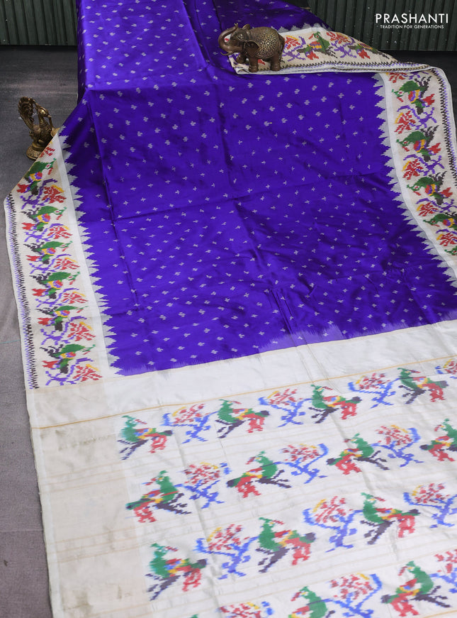 Pochampally silk saree blue and off white with allover ikat butta weaves and ikat woven zari border