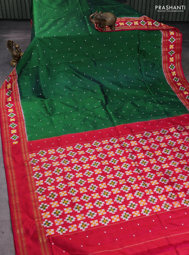 Pochampally silk saree green and pink with thread woven buttas and zari woven ikat border