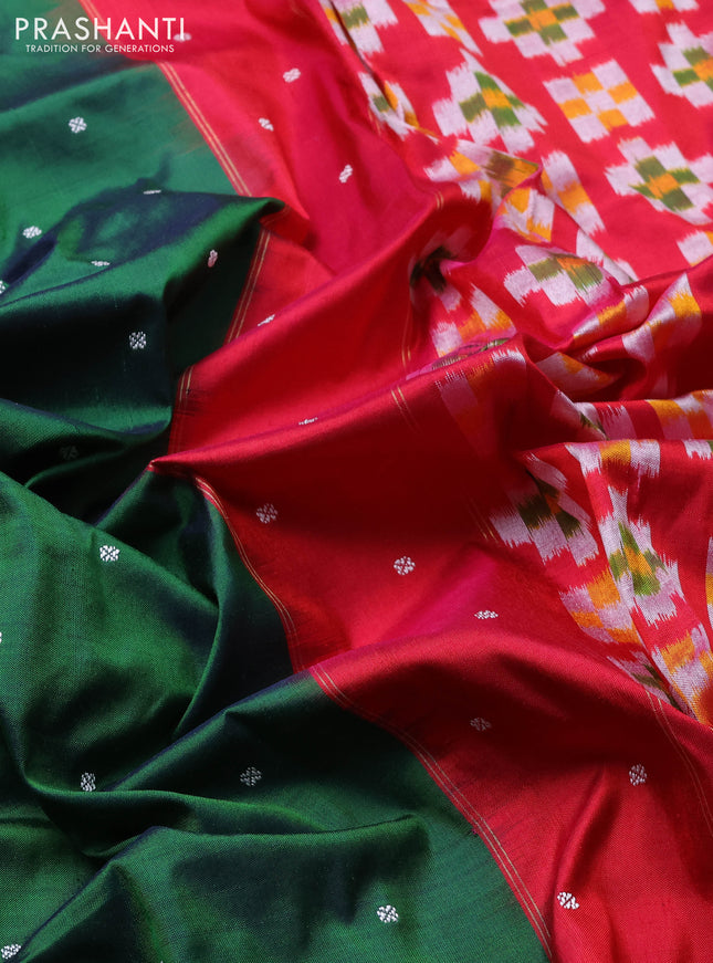 Pochampally silk saree green and pink with thread woven buttas and zari woven ikat border