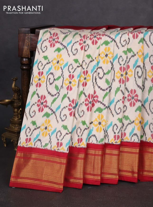 Pochampally silk saree cream and maroon with allover ikat weaves and zari woven border