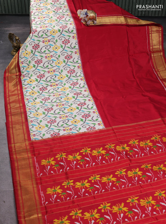 Pochampally silk saree cream and maroon with allover ikat weaves and zari woven border