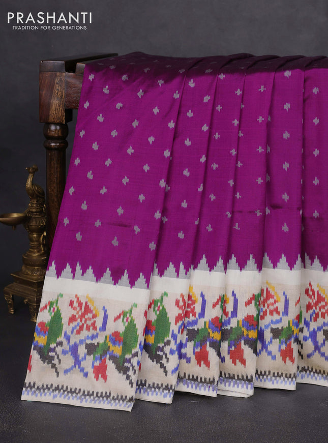 Pochampally silk saree purple and cream with allover ikat butta weaves and temple design ikat woven zari border