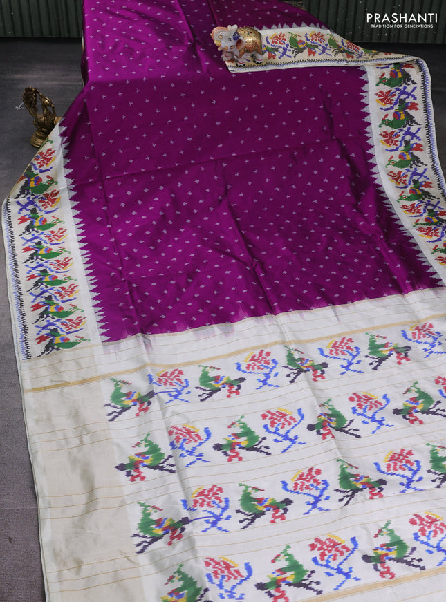 Pochampally silk saree purple and cream with allover ikat butta weaves and temple design ikat woven zari border